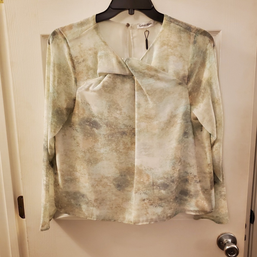 Calvin Klein sz L Long Sheer Sleeve Career Blouse NWT Office‎ Work Dreamy Artsy